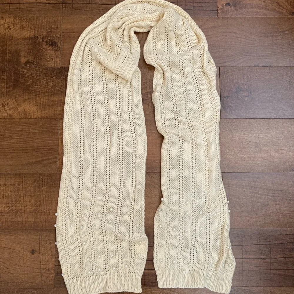 Cream Knit Scarf Embellished w/ Faux Pearls